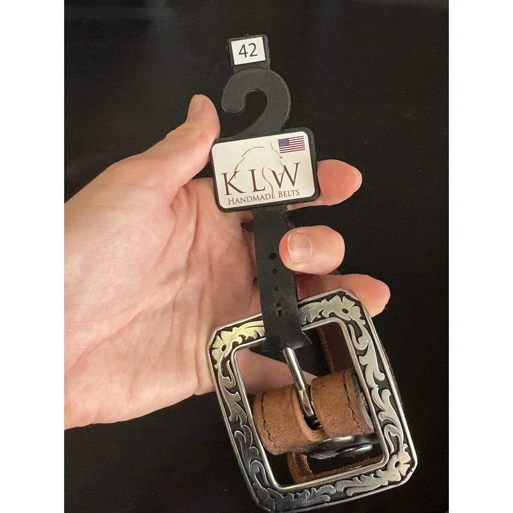 KLW Belt Mens 42 Brown Leather Western Silver Buckle Handmade USA #1886 Cowboy